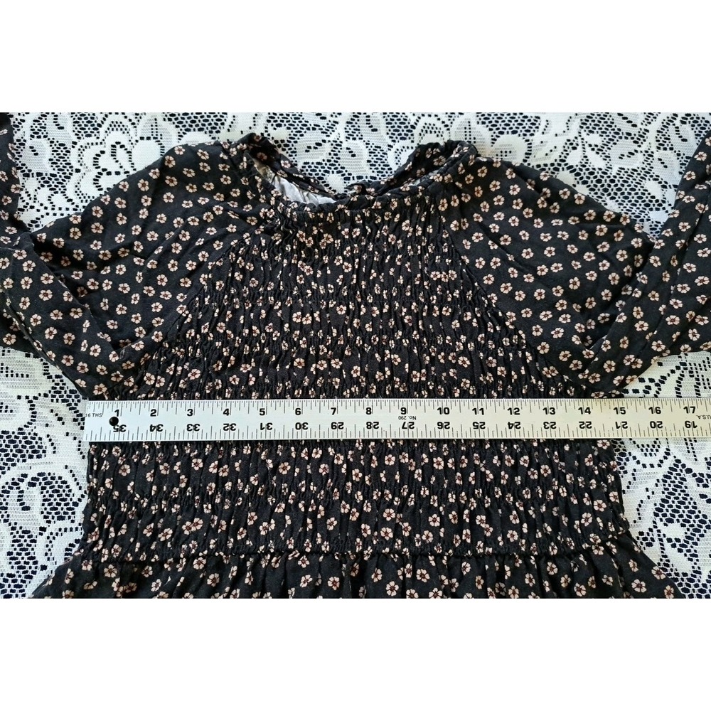 Zara Mini Dress Junior Sz. 13-14 Black Floral Smocked Front Long Sleeve Babydoll - Picture 7 of 10
